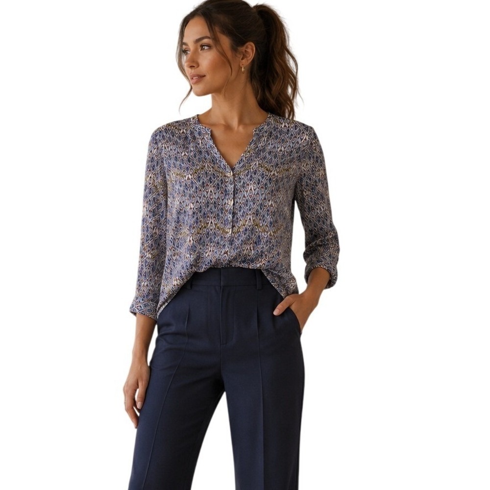 *NWT* Grand & Greene Tunic Top Womens Size S Blue Ikat Geometric High Low